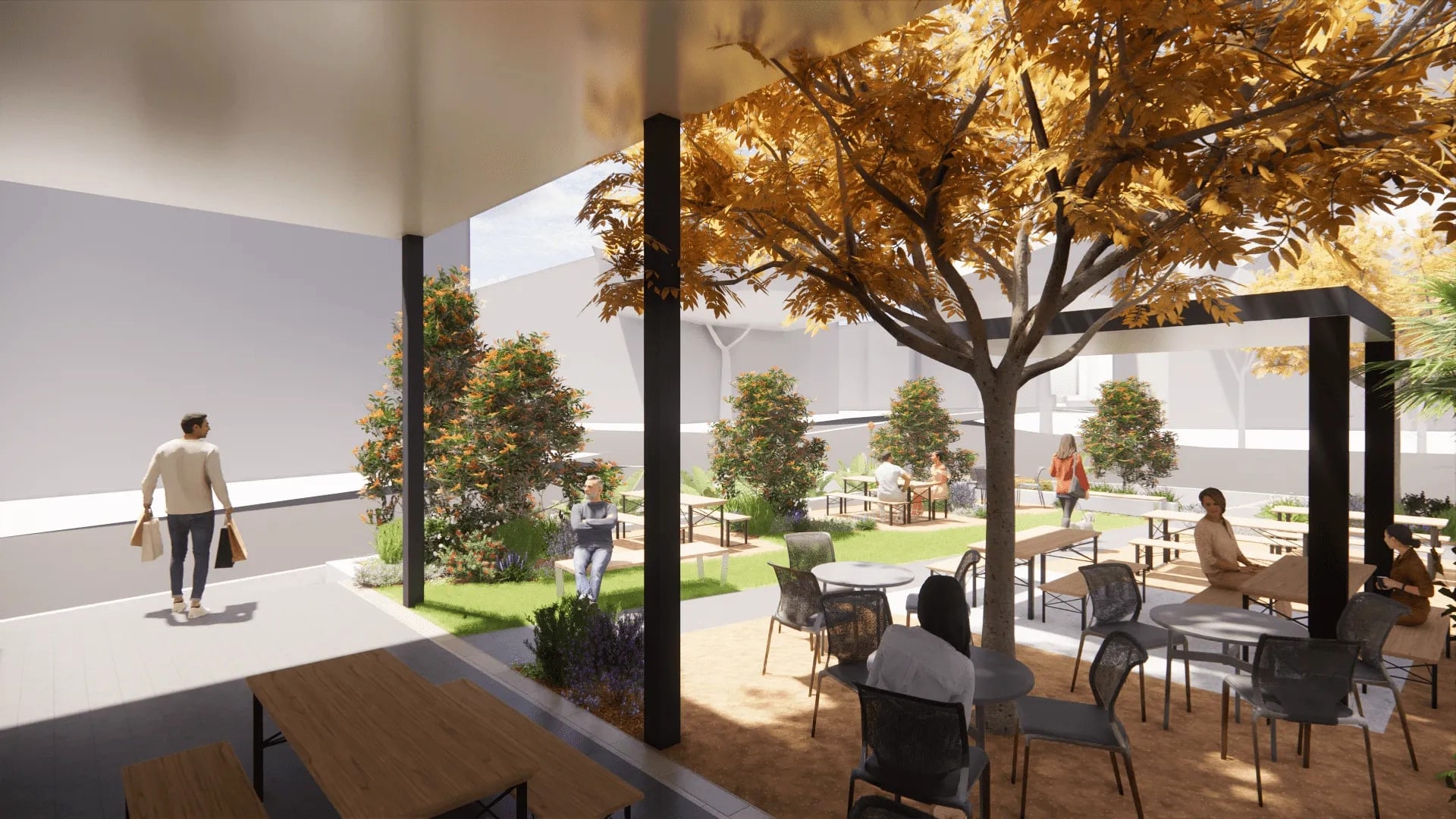Tree-shaded outdoor terrace with timber tables and planters