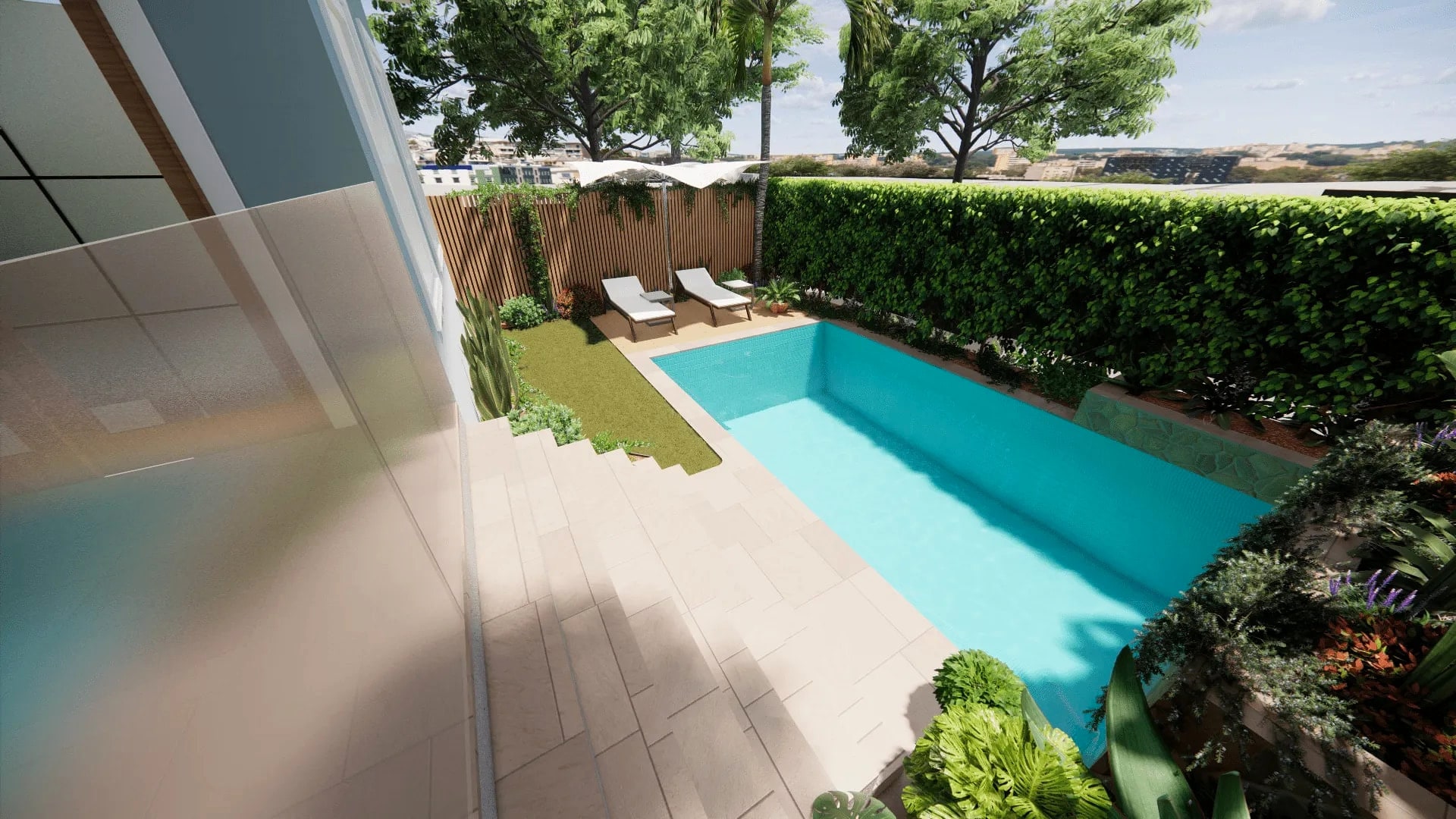 Timber deck beside a swimming pool with lush garden planting