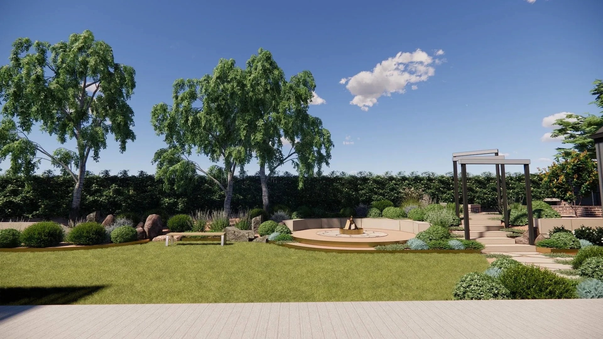 Poolside landscape with planting and hardscape composition