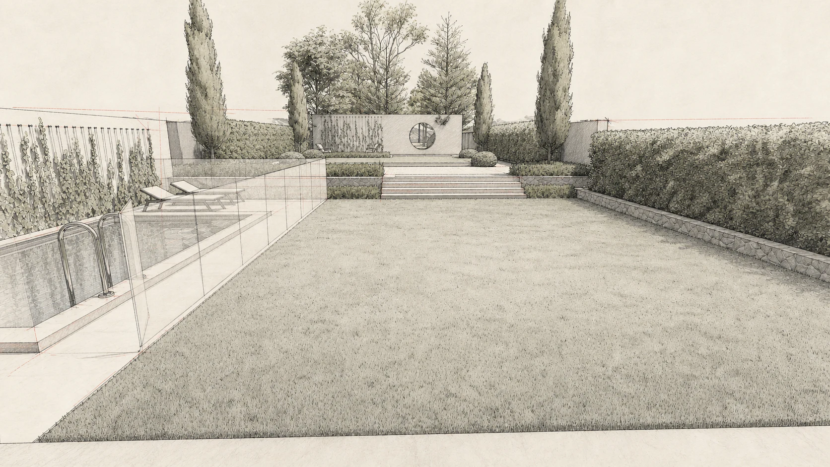 Concept sketch of the pool, lawn, steps and moon gate