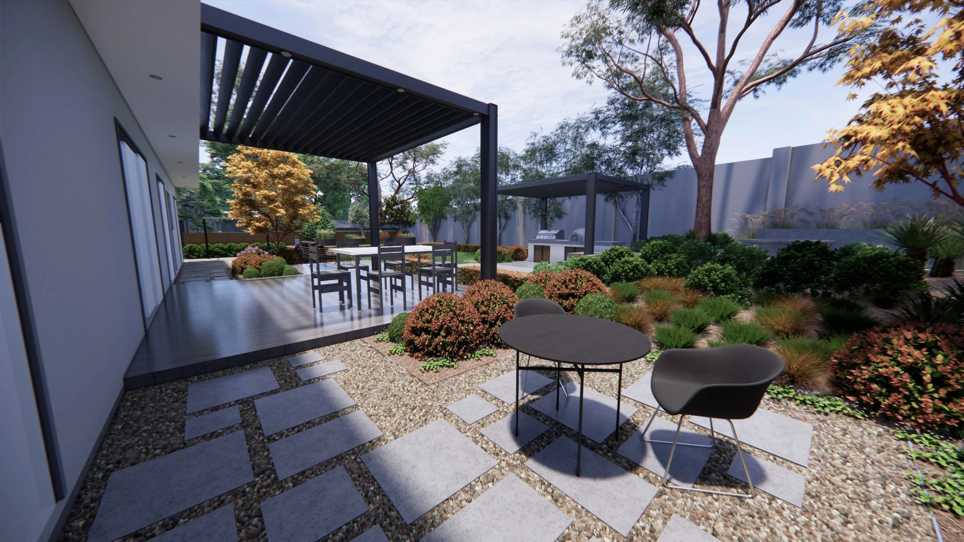 Rear garden rooms with structured planting and outdoor living areas